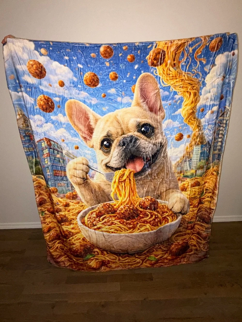 NWT Velveteen French Bulldog Throw Blanket 50x60 Spaghetti Dog White Back